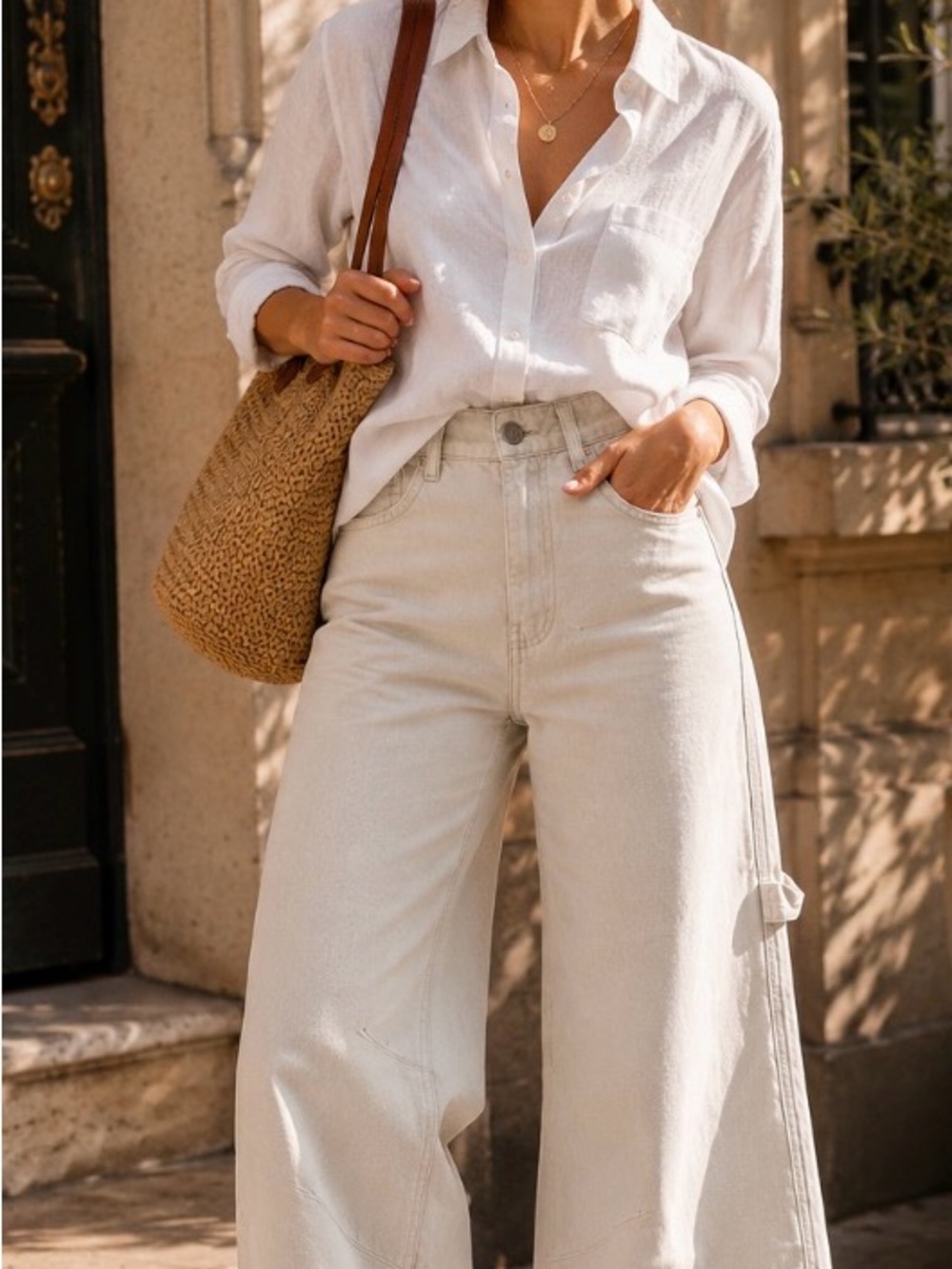 Zara High Waisted Wide Leg Carpenter Jeans Beige Size 36 / US 4 NWT